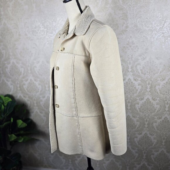 LOB Casual World Cream Colored Faux Suede Shearling Interior Button Front Jacket - Picture 7 of 12